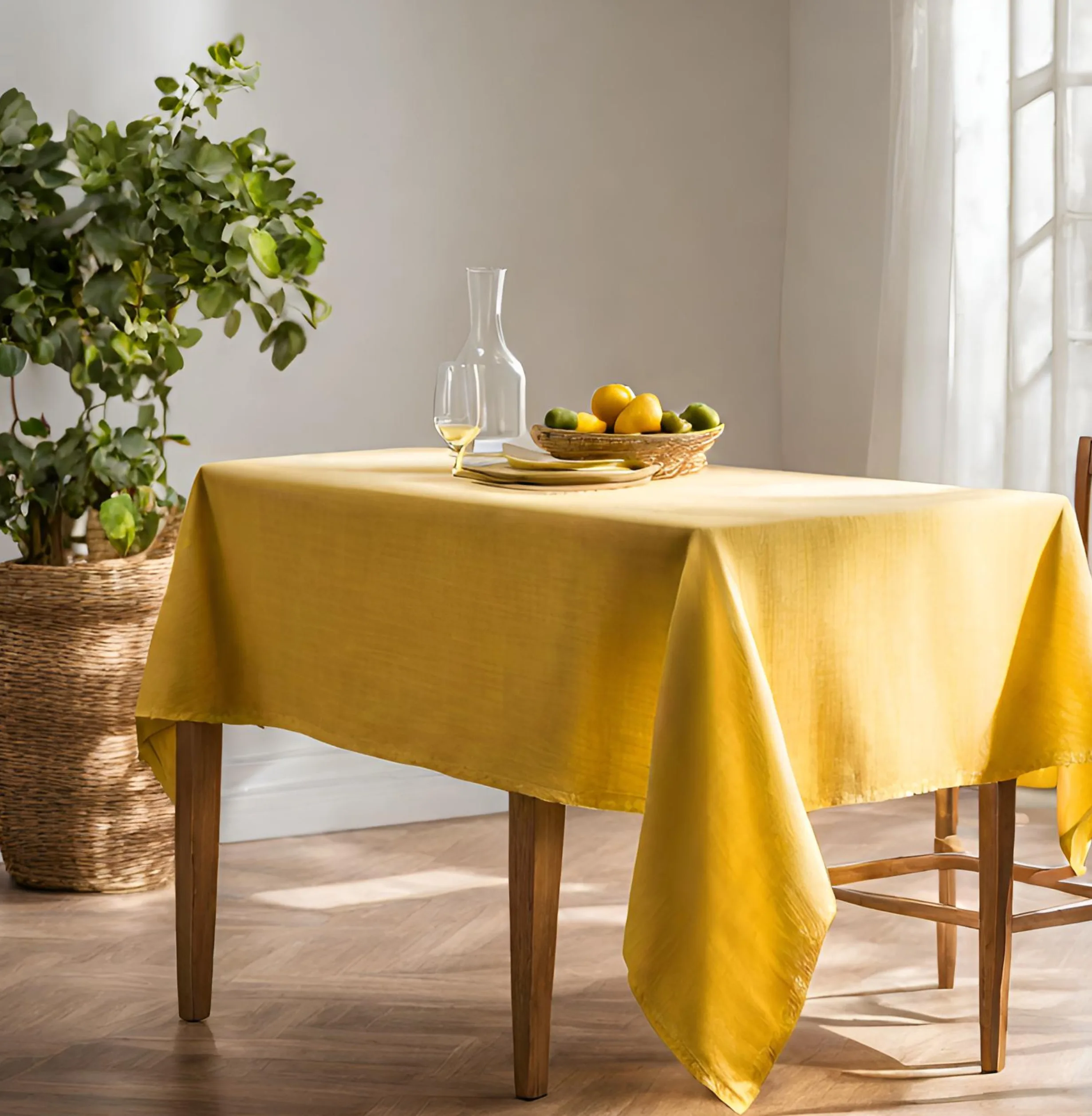 ľanový obrus v žltej farbe v jedálni